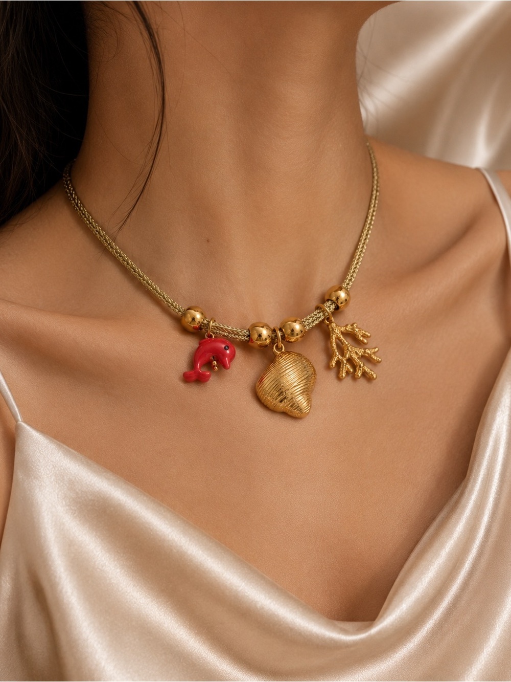 Coastal Red Dolphin Gold Charms Shell Motifs Cord Necklace